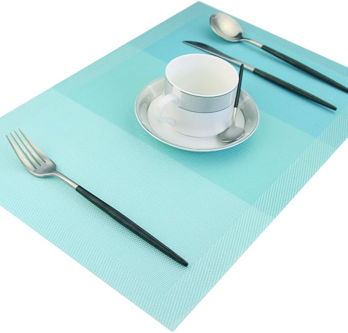 PIGCHCY Placemats Non-Slip Plastic Placemats,Easy to Clean Woven Vinyl Placemats for Dining Table 18x12 Inches Washable Table Mats Set of 6 (Turquoise)