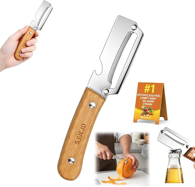 Multifunctional Vegetable Peeler for Kitchen Tool Wooden Smooth Handle and Bottle Opener, Made of Stainless Steel 2 in 1 Potato Garlic Cucumber Orange Pumpkin Fruit (Sliced Style(1PC))