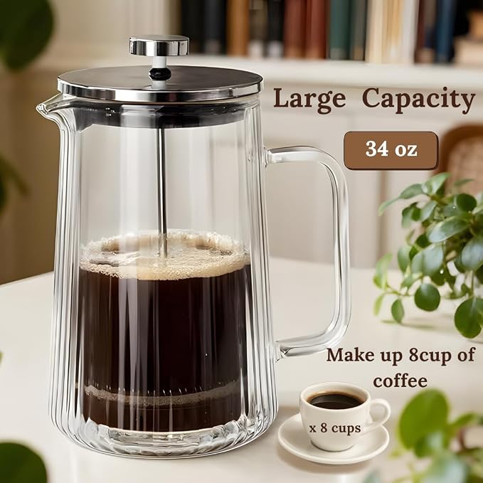 French Press Coffee Maker – Double-Wall Borosilicate Glass | Ribbed Manual Brewer with Stainless Steel Mesh Filter for Hot & Cold Coffee or Tea (34oz /1000ml)