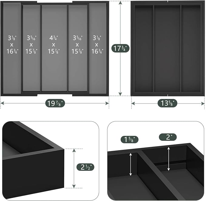 Kitchen Utensil Organizer Silverware Tray - Bamboo Flatware Organizer Expandable 5 Slots Multipurpose Silverware Organizer for Office Storage Garage Organization W13.7"-19.9" x L17.6" X H2.5" (Black)