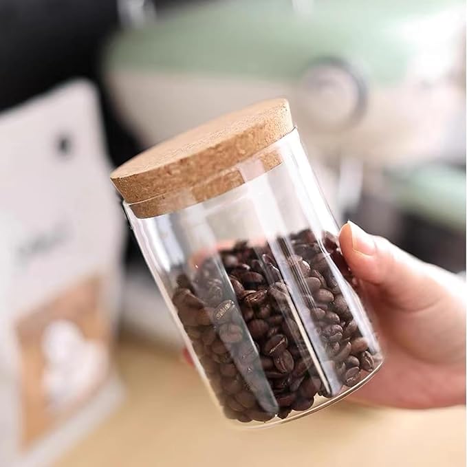 Airtight Glass Storage Containers with cork Lid, for Kitchen Pantry Organization and Storage jar，Ideal for Coffee Beans Snacks Flour Cereal Sugar Tea 21oz. (Circular 4.7 * 3.3in*4pcs)