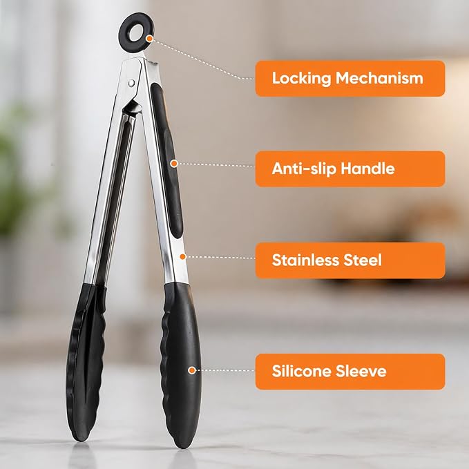 9 Piece Kitchen Tongs with Silicone Tips, 7,9,12 inch Stainless Steel Tongs for Cooking, Heat Resistant Cooking Tong, Non Stick Locking Silicone Tong for BBQ Salad Grill Frying Serving, Black