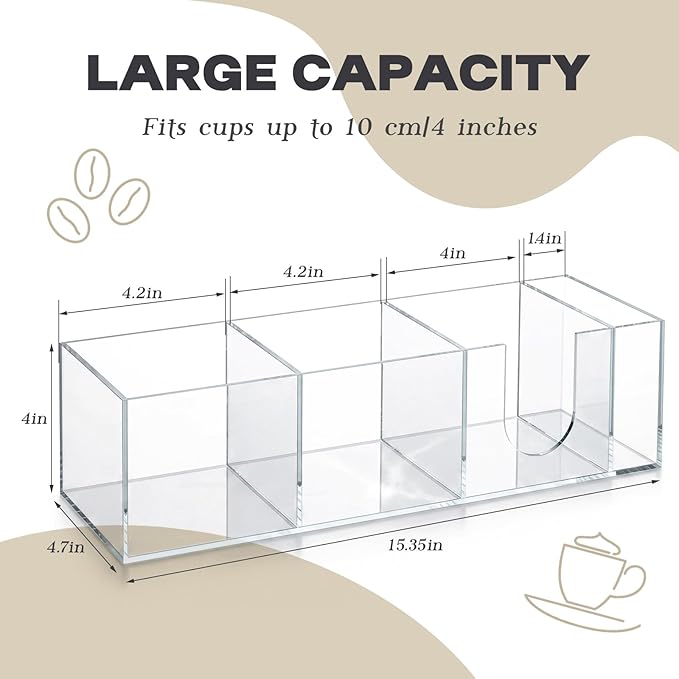 Novabright 4 Compartments Coffee Cup Holder for Countertop Cup Lid and Straw Dispenser Coffee Station Organizer Bar Accessories for Breakroom Restaurant, 15.3 x 4.7 x 4 (Clear,Acrylic)