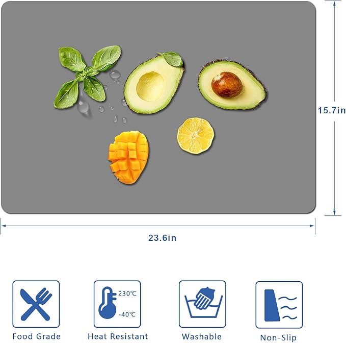 Large Silicone Heat Resistant Mat 23.6” x 15.7”, Nonslip Mats for Kitchen Counter, Countertop Protector, Nonstick Waterproof Craft Table Placemat，2 Pack Silicone Mats (Gray)