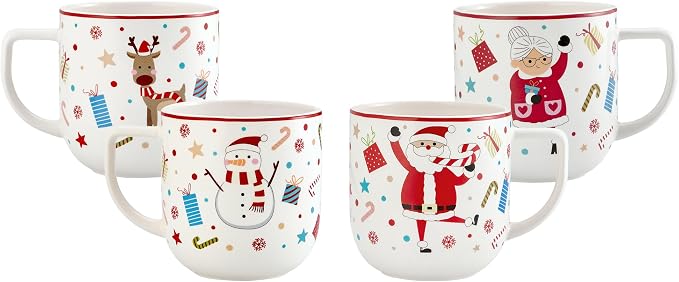 Bico Christmas Merry Crew Ceramic Mug Set of 4, Christmas Coffee Mugs, 19oz Holiday Cups for Tea, Cocoa, or Hot Drinks, Microwave & Dishwasher Safe