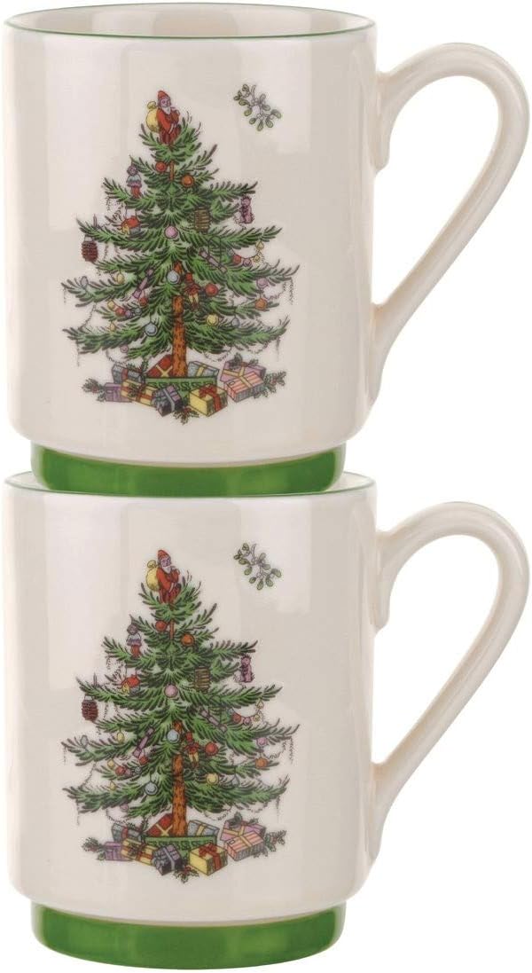 Spode Christmas Tree Stackable Coffee Mug Set of 2 – Festive 12oz Tea Cups for Hot Cocoa, Coffee & Milk, Dishwasher Safe Holiday Drinkware, Christmas Tableware & Gift Idea