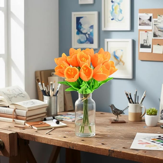Mandy's Orange Partially Open Artificial Tulips Flowers Centerpiece, 13.5" Lifelike PU Fake Floral Stems 12pcs for Kitchen Island & Dining Table, Spring Decor for Easter
