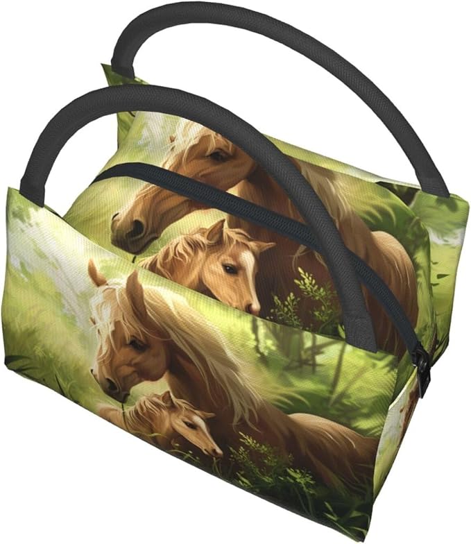 Tender Horse and Foal Forest Scene Lunch Box for Women Girls Adults Insulated Green Meadow Animal Lunch Bag for Work Picnic Camping Travel Gifts Cooler Thermal Large Capacity Reusable Tote Makeup Bags