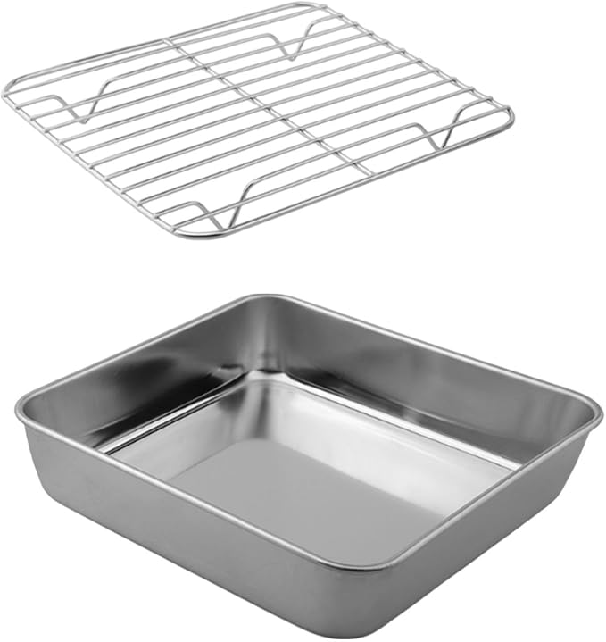 for premium Stainless Steel Baking Pan Set with Cooling Rack, for versatile Oven Tray for Roasting Meat Veggies, Silvery Dishwasher Safe Kitchenware(20CM)