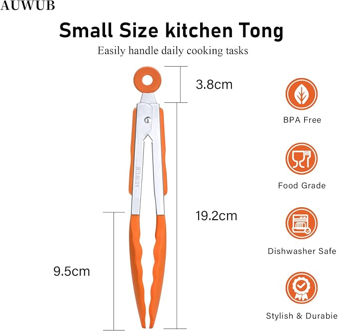 7 Inch Small Silicone Salad Cooking Tongs, Food Serving Tongs with Heat Resistant Non-Slip Grip, Orange Color Kitchen Utensils for Salad Charcuterie Board