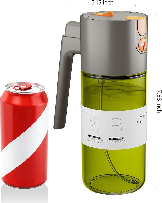OURCABECUE Upgrade 2 in 1 Oil Sprayer for Cooking, 17oz Light-Blocking Glass Olive Oil Dispenser Bottle for Kitchen,Food-Grade Oil Mister with 8 Stickers for Salad, Frying (Green Bottle-Grey Gap)