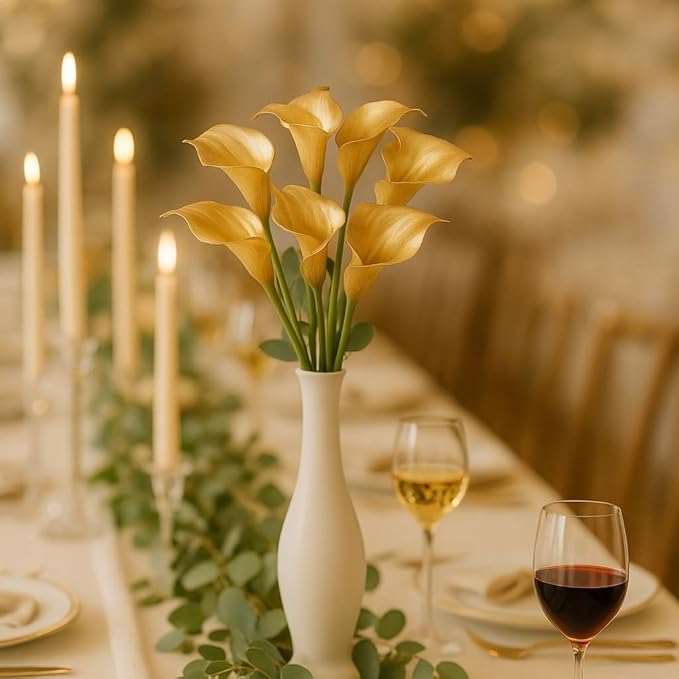 Floral Kingdom Artificial Calla Lily Flowers 10 Pack 14 Inch Gold – Real Touch Faux Flowers for Modern Home Decor, Table & Entryway Centerpieces, Wedding Decorations