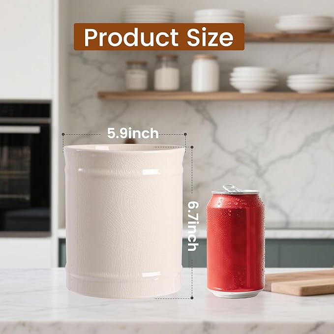 Kitchen Utensil Holder, Larger Ceramic Utensil Crock for Kitchen Counter top & Dining Table (Cream, 5.9" x 5.9" x 6.7")