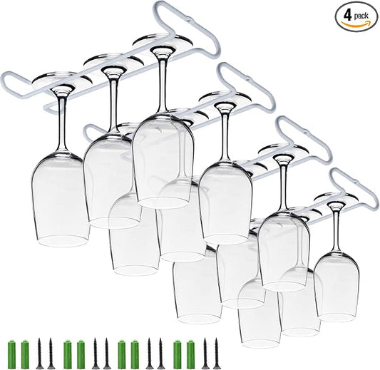 White 4 Wine Glass Rack Under Cabinet Shelf 10 Inch Stemware Storage Hanging Hanger Organizer Glasses Holder with Drying Under Counter Metal for Kitchen and Bar