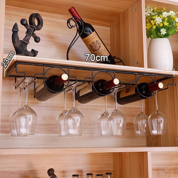Hanging Wine Glass Rack and Bottle Holder, Under Cabinet Stemware Rack Glass Holder, Retro Wine Glass Drying Rack for Bar Kitchen Pub(Black,Gold)