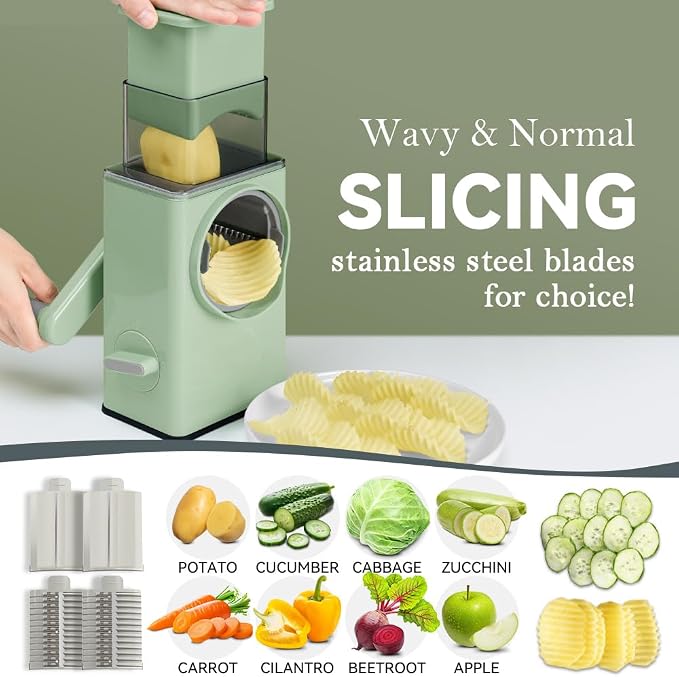 KEOUKE Rotary Cheese Grater 5 in 1 Green - Hand Crank Vegetable Cutter, Shredder, Slicer, Enlarge Input, Suction Base, Labor-Saving Handle, Blade Storage Box, for Onion, Potato, Vegetable, Nuts, etc