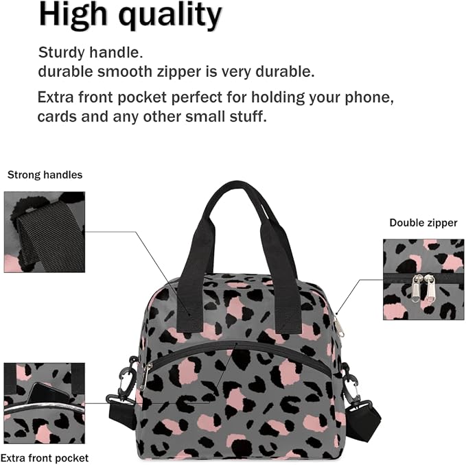 Luxury Grey Leopard Cheetah Insulated Lunch Bag for Women Men Adult Lunch Tote Bag with Shoulder Strap Reusable Lunch Box Large Containers Thermal Cooler Bag for Work School Picnic Lightweight Handbag