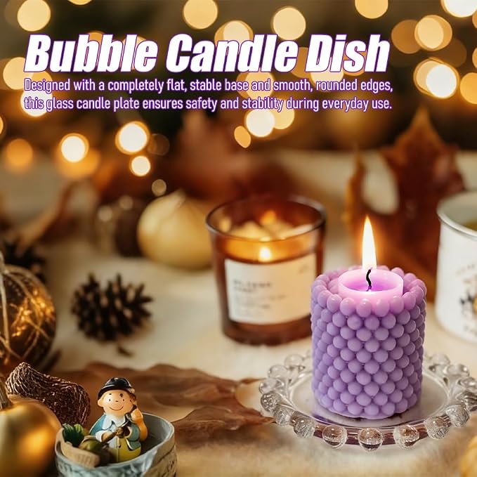 Bubble Candle Dish, Candle Tray, Glass Candle Holder Plate, Coaster Home Decor & Bar for Tea Lights, Small & Warmer