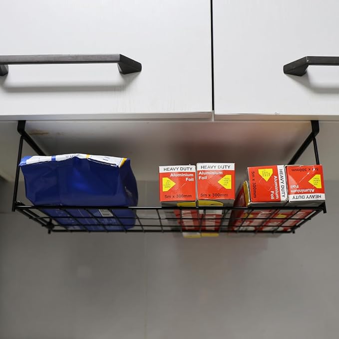 Foil and Plastic Wrap Organizer Kitchen Under Cabinet Desk Pantry Hanging Organizer Storage Foldable Rack (Black)
