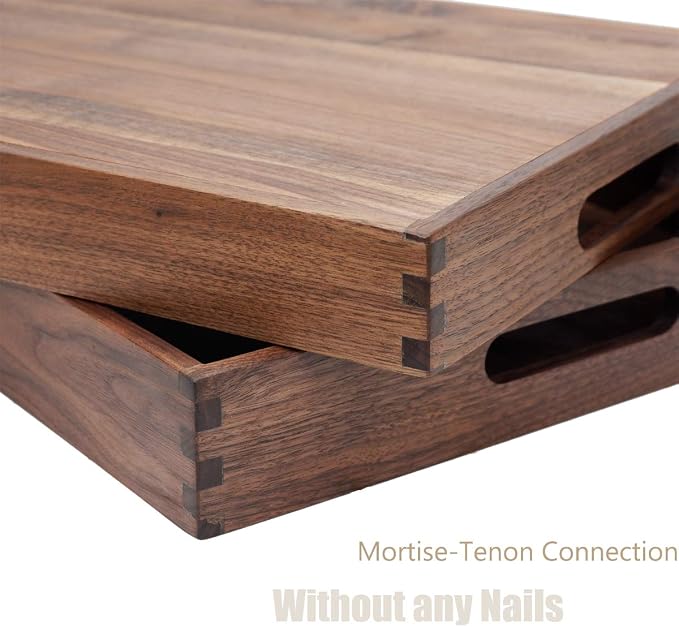 Set of 3 Large Square Solid Black Walnut Wood Ottoman Tray with Handles, Serve Tea, Coffee, Classic Wooden Decorative Serving Tray, 16+14+12