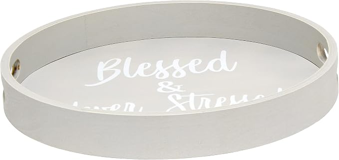 Elegant Designs HG2013-GYS Decorative 13.75'' Round Wood Serving Tray w/Handles, Blessed & Never Stressed, Gray