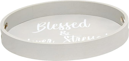 Elegant Designs HG2013-GYS Decorative 13.75'' Round Wood Serving Tray w/Handles, Blessed & Never Stressed, Gray