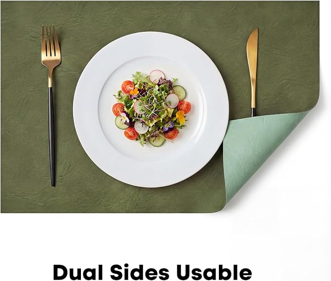 Artoid Mode Olive Green Faux Leather Placemats Set of 8, 12x18 Inch Waterproof Wipeable Heat Resistant Vinyl Place Mats, Reversible Table Mats for Kitchen Dining Decor