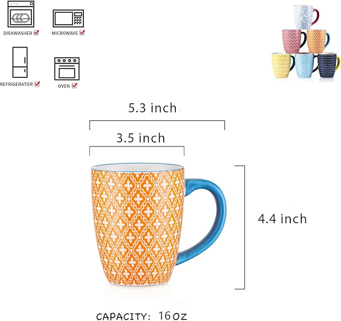 Selamica 16 oz Porcelain Coffee Mugs Set of 6, Coffee Cups Ceramic With Handle, Dishwasher, Oven, Microwave Safe, Assorted Colors | Coffee Cups