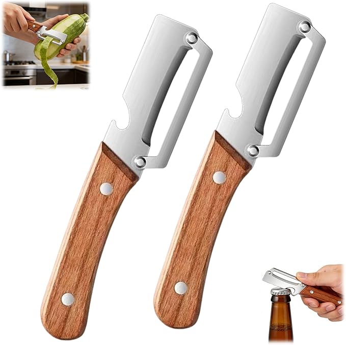 2PCS Multi Functional Premium Vegetable Peeler with Wooden Handle and Bottle Opener,Stainless Steel Blade Kitchen Tool for Fruit Apple Potato Pumpkin Papaya Carrot