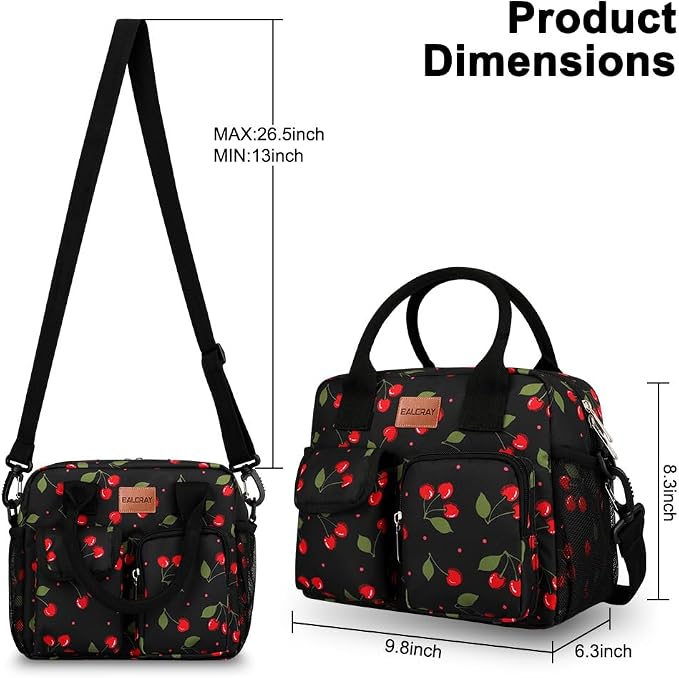 BALORAY Lunch Bag for Women Men Insulated Lunch Box for Adult Reusable Lunch Tote Bag for Work, Picnic or Travel (Cherry with strap,L)