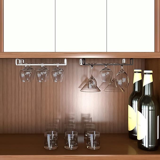 GeLive 10 Inch Under Cabinet Wine Glass Rack Stemware Holder Glass Storage Hanger Organizer for Kitchen and Bar Set of 2 (Black)