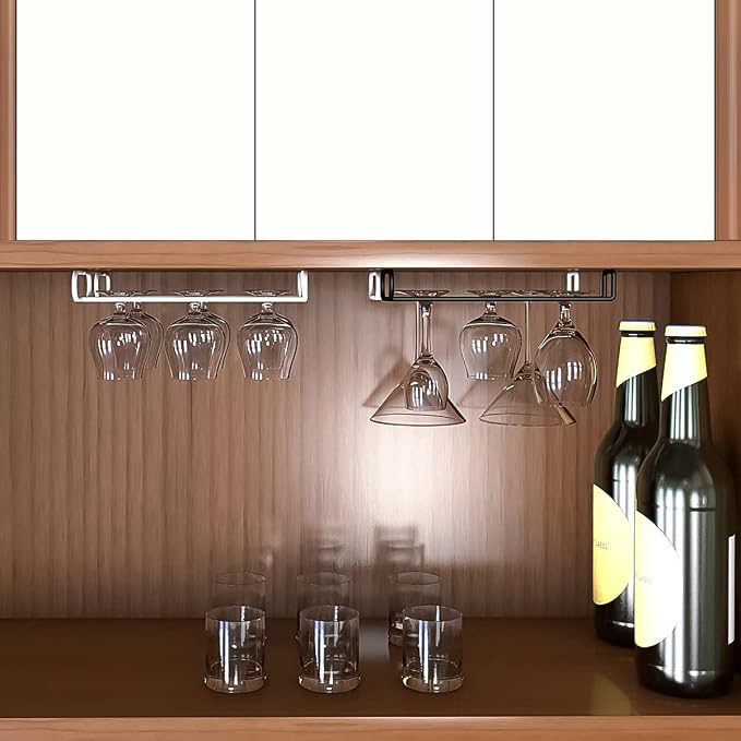 GeLive Set of 4 Cabinet Stemware Rack 10 Inch Under Shelf Wine Glass Holder Storage Hanger Organizer for Kitchen and Bar (Black)