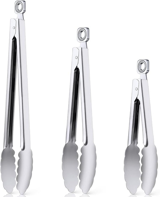 Kitchen Tongs for Cooking - 7 Inch & 9 Inch & 12 Inch Heat Resistant Stainless Steel Metal Locking Tong Grill Tongs BBQ Tong for Cooking, Grilling, BBQ/Barbecue, Food (All Metal - 7"+9"+12")