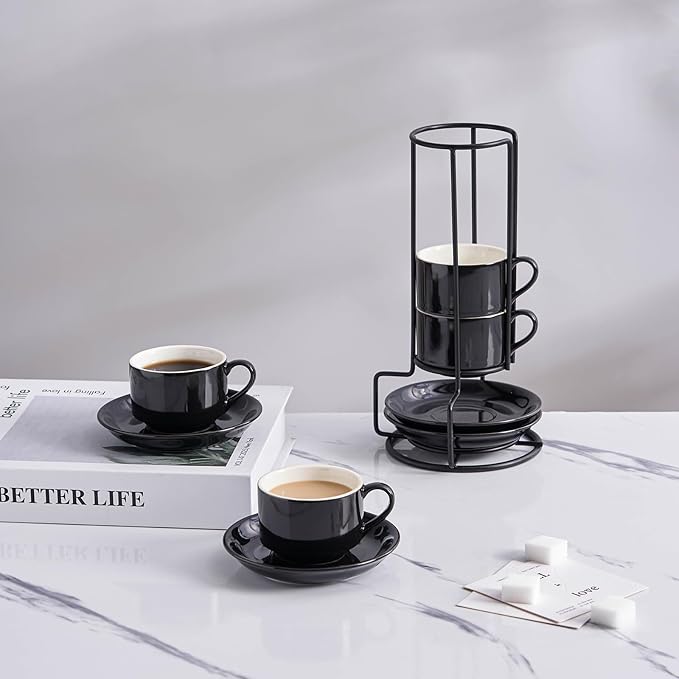 YOLIFE 2.5oz Espresso Cups Set of 4, Porcelain Stackable Espresso Cups, Expresso Shots Cup Set with Saucers and Metal Stand-Black