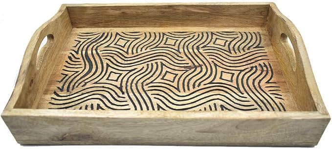 STORE INDYA Hand Carved Wooden Breakfast Serving Tray with Handle for Breakfast Tea Snack Dessert | Kitchen Dining Serve-Ware Accessories | 15 x 10 Inches