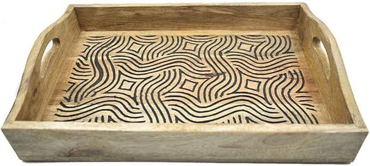STORE INDYA Hand Carved Wooden Breakfast Serving Tray with Handle for Breakfast Tea Snack Dessert | Kitchen Dining Serve-Ware Accessories | 15 x 10 Inches