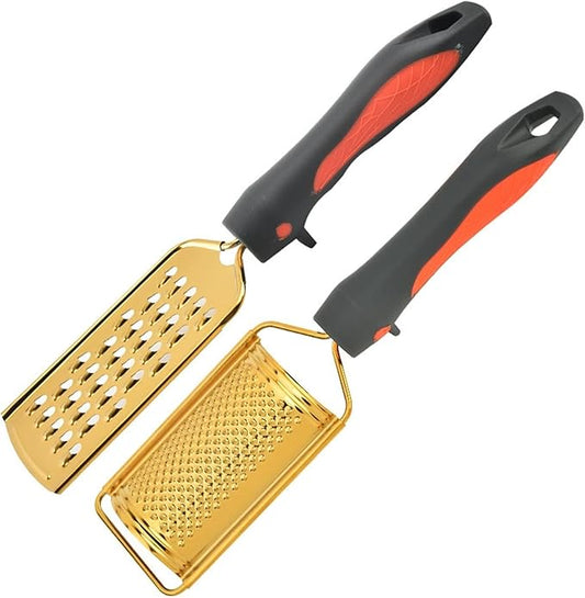 Professional Cheese Grater with Anti-Slide Handle, Gold Stainless Steel Cheese Grater Handheld, Grater Hand Crank, Practical Kitchen Gadgets, Graters for Cheese, Chocolate, Spices (2 Graters)