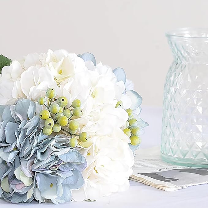Wracra Hydrangeas Floral Arrangement in Glass Vase, Fake Flowers Silk Hydrangea Artificial Flowers with Vase for Home Office Decoration, Dining Table Centerpiece