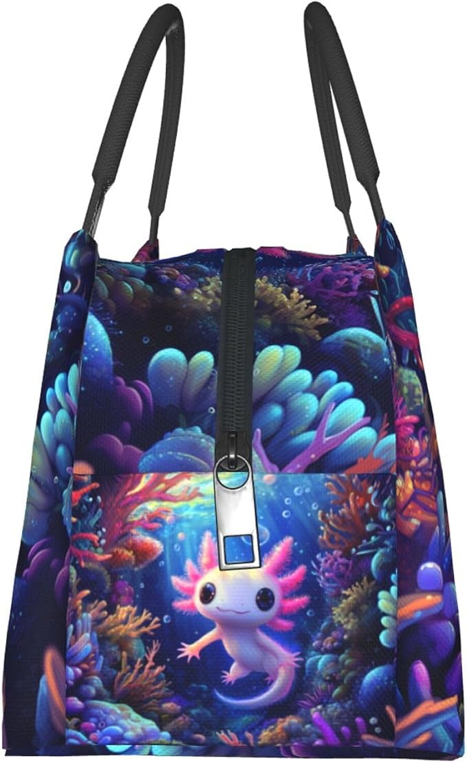 Cute Axolotl Underwater Lunch Box for Women Girls Adults Insulated Pink Axolotl Coral Reef Ocean Lunch Bag for Work Picnic Camping Travel Gifts Large Capacity Cooler Thermal Reusable Tote Makeup Bags