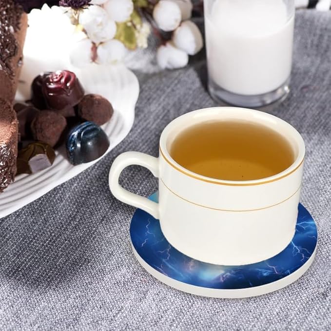 Ceramic Stone Cork Coasters for Drinks Tableware, Dark Blue Sky with Lightning Striking Earth Round Absorbent Durable Aesthetic Art Cup Mat Protects Tables and Surfaces Set of 1 (4 * 4 Inch)