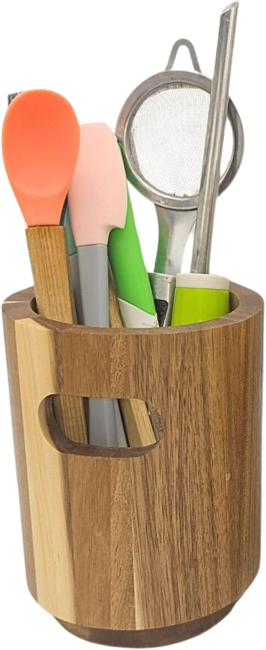 Acacia Wooden Utensil Holder | Kitchen Utensils Holder & Organizer for Countertop | Rustic Farmhouse Style Utensil Pot (Small 11×14.5cm)