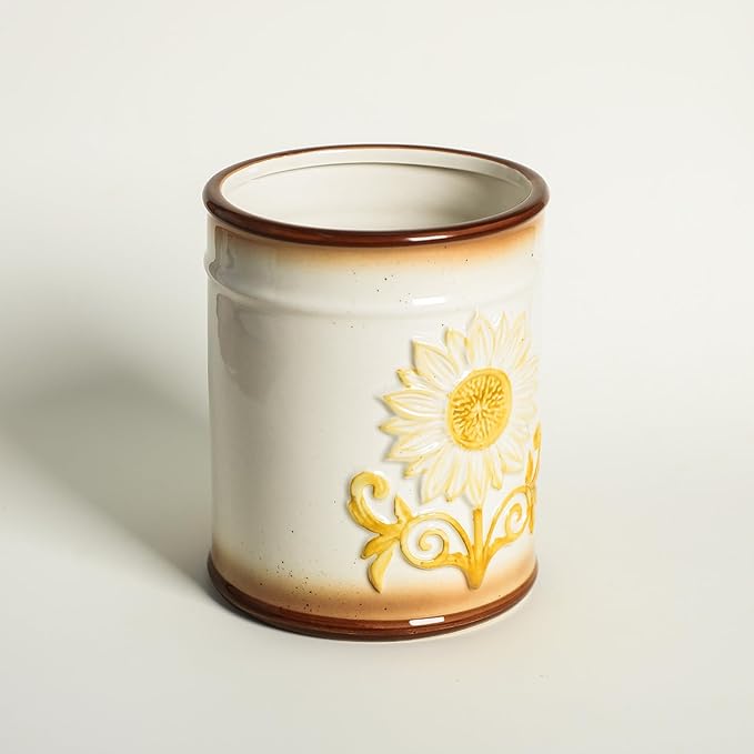 Retro Ceramic Sunflower Embossed Pattern Kitchen Utensil Holder, Large Cooking Utensil Crocks for Kitchen Countertop, Sunflower Utensil Organizer