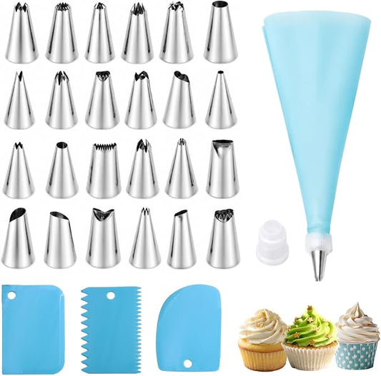 29 Pieces Reusable Piping Bags and Tips Set, Stainless Steel Icing Nozzles Kit with Pastry Bags, Cake Decorating Supplies for Cookie Cupcake Baking