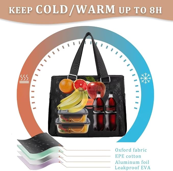 HSHRICH Large Women Lunch Bags for Work/Insulated Cooler Lunch Box with Side Pockets, 14L Capacity, Black