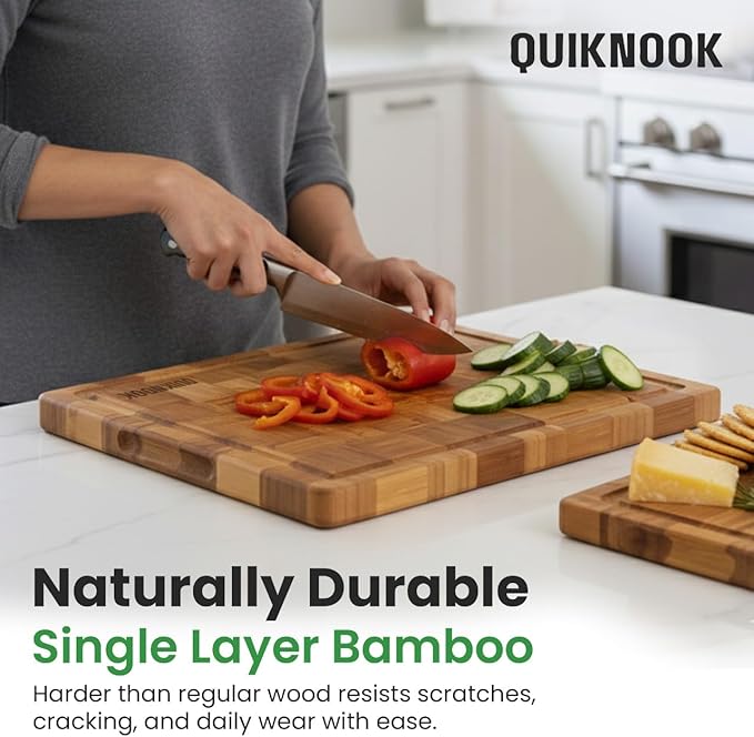 Pack of 3 Pre-Oiled Bamboo Cutting Board Set with holder | Extra Thick End Grain Bamboo Wooden Cutting Board for kitchen with Deep Juice Grooves | Non Toxic Chopping Board Set with Build-in Handles