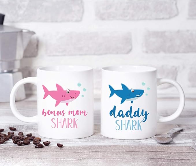 Andaz Press Baby Shark Family 11oz. Coffee Mug Gift Set, Bonus Mom Shark, Daddy Shark, 2-Pack, Shark Do Do Do Gift Idea Birthday Christmas Gifts for Step Mom Mother's Father's Day