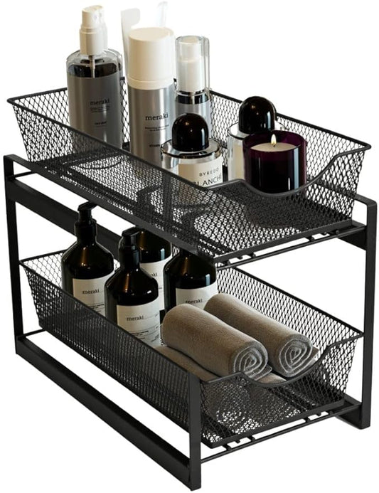 IBERG 2 Tier Bathroom Organizer with Pull Out Drawer, Under Sink Storage Organizer for Kitchen Cabinet, Metal Sliding Basket (Black)