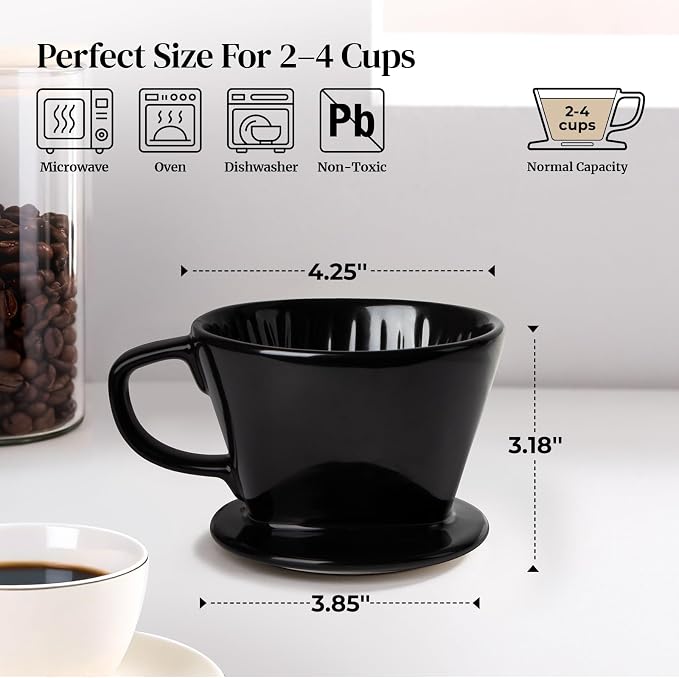 DOWAN Pour Over Coffee Maker, Non-Electric Pour Over Coffee Dripper, Manual Brew Maker, Single Cups Porcelain Slow Brewing Accessories for Gifts, Black