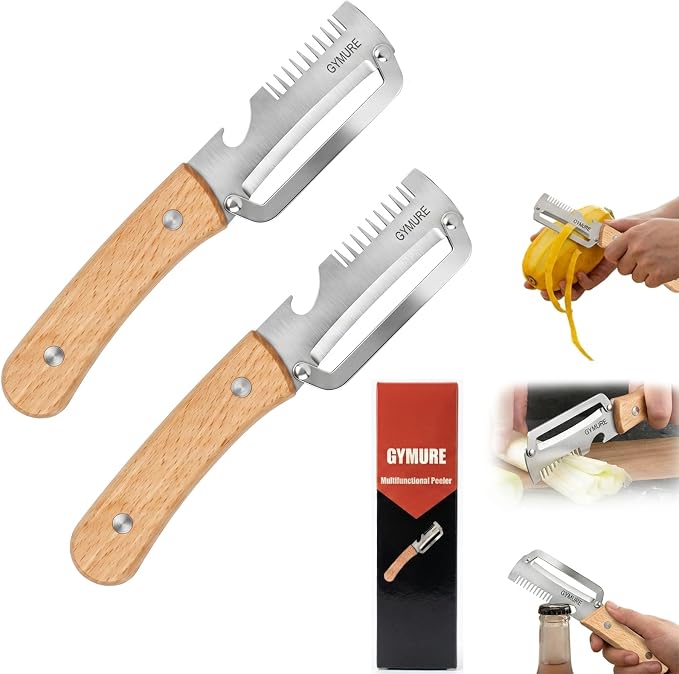 3 in 1 Multifunctional Vegetable Peeler with Wooden Handle and Bottle Opener, Stainless Steel Peelers for Kitchen, Multi Functional Vegetable Peeler for Fruit Potato Carrot Pumpkin Zucchini (2 PACK)