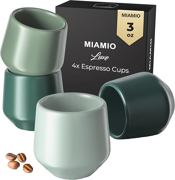 MIAMIO - Espresso Cups Set of 4 (2.7 oz) / Espresso Cup, Ceramic Espresso Cups, Handleless Mug, Japanese Tea Cups - Luxe Collection (Evergreen)